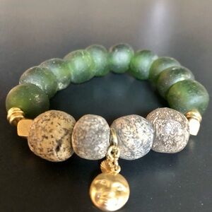 Chunky Stone & Glass Stretch Bracelet with Golden Sun Charm